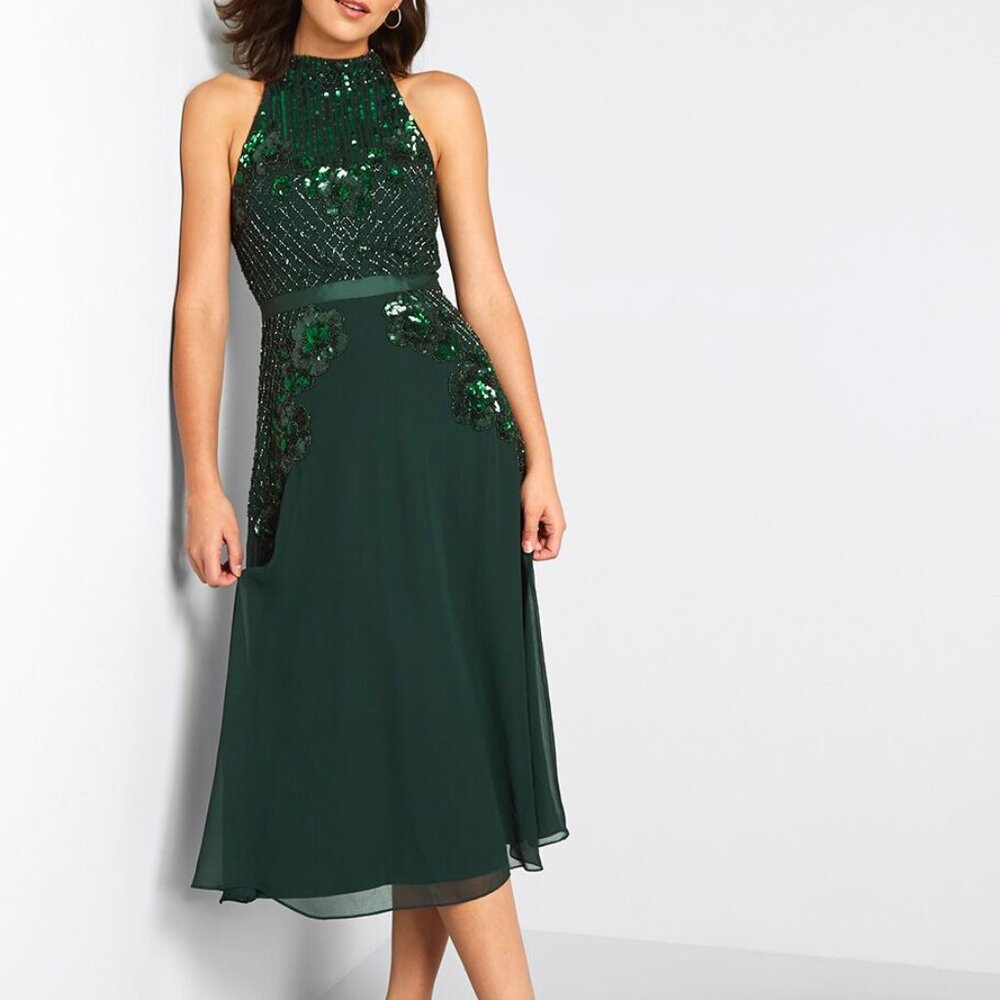 Frock and Frill Emerald Green Midi Party Dress Sequin Sleeveless